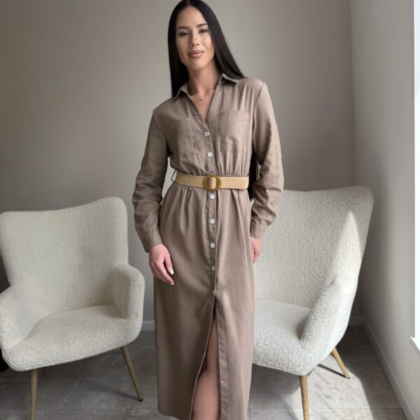 Ilga kreminė suknelė su dirželiu