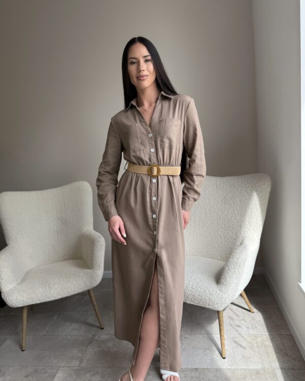 Ilga kreminė suknelė su dirželiu