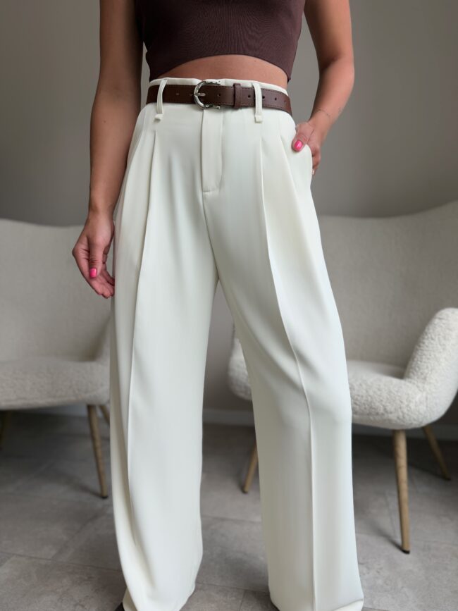 Klasikinės kelnės su rudu diržu Beige - Image 3