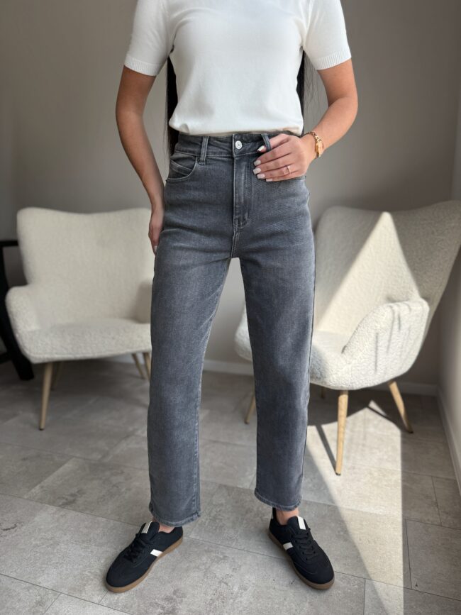 Mom Fit labai tamprūs pilki džinsai
