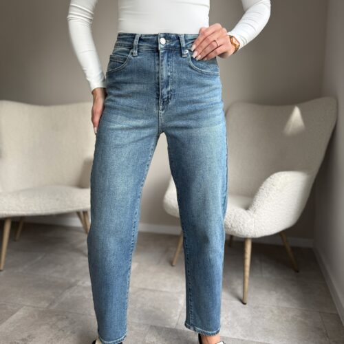 Mom Fit tamprūs mėlyni džinsai aukštas liemuo