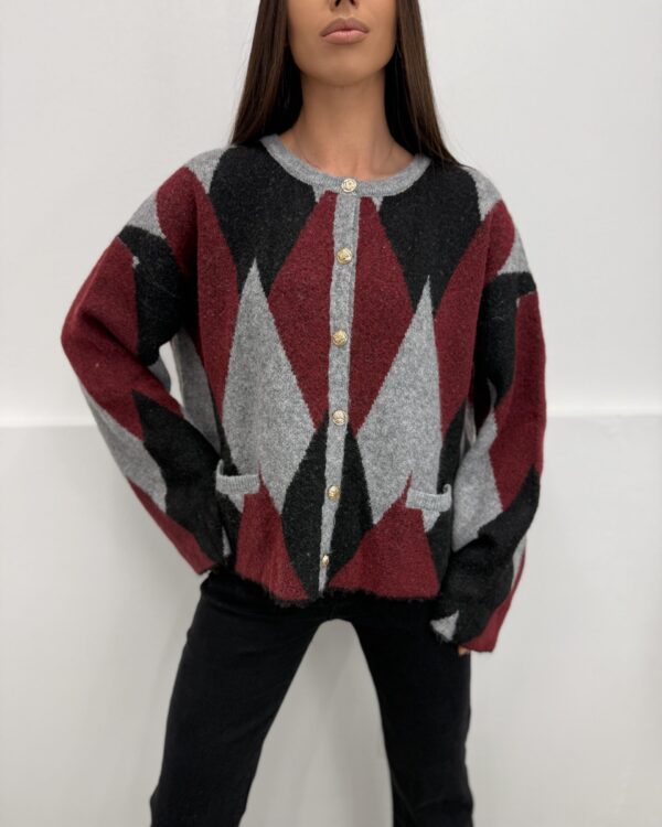 Universalaus dydžio megztinis su rombais Burgundy