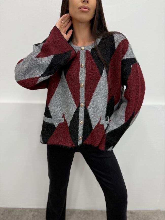 Universalaus dydžio megztinis su rombais Burgundy - Image 3