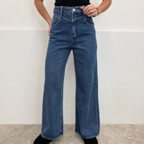 Wide leg tamsiai mėlyni džinsai aukštas liemuo