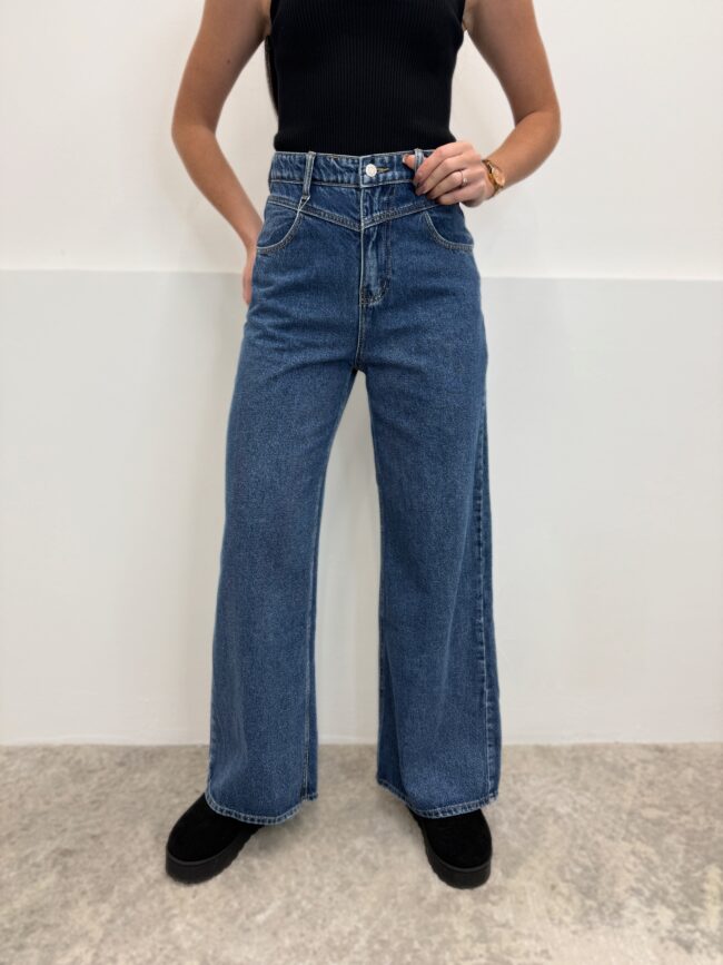 Wide leg tamsiai mėlyni džinsai aukštas liemuo