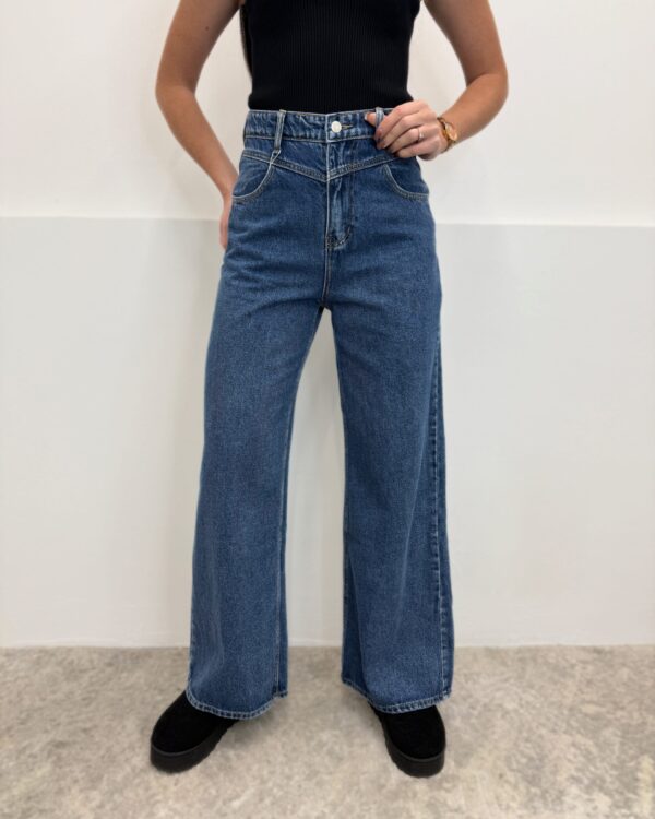 Wide leg tamsiai mėlyni džinsai aukštas liemuo