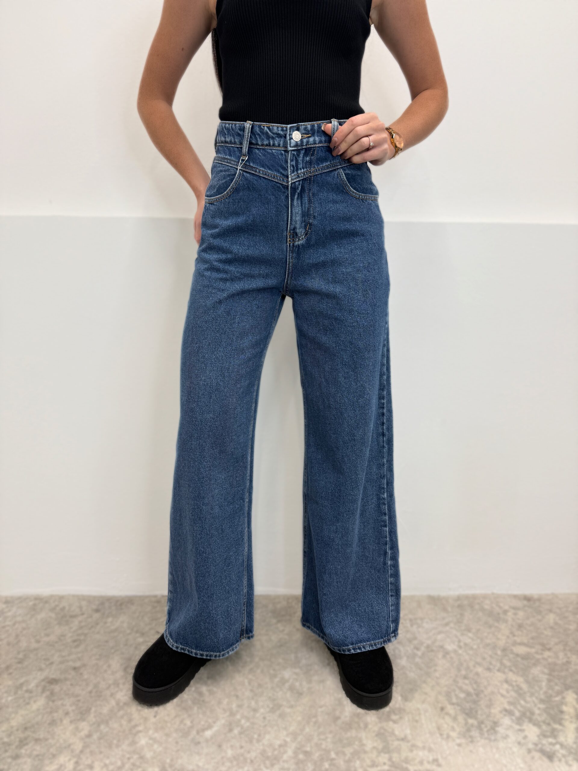 Wide leg tamsiai mėlyni džinsai aukštas liemuo