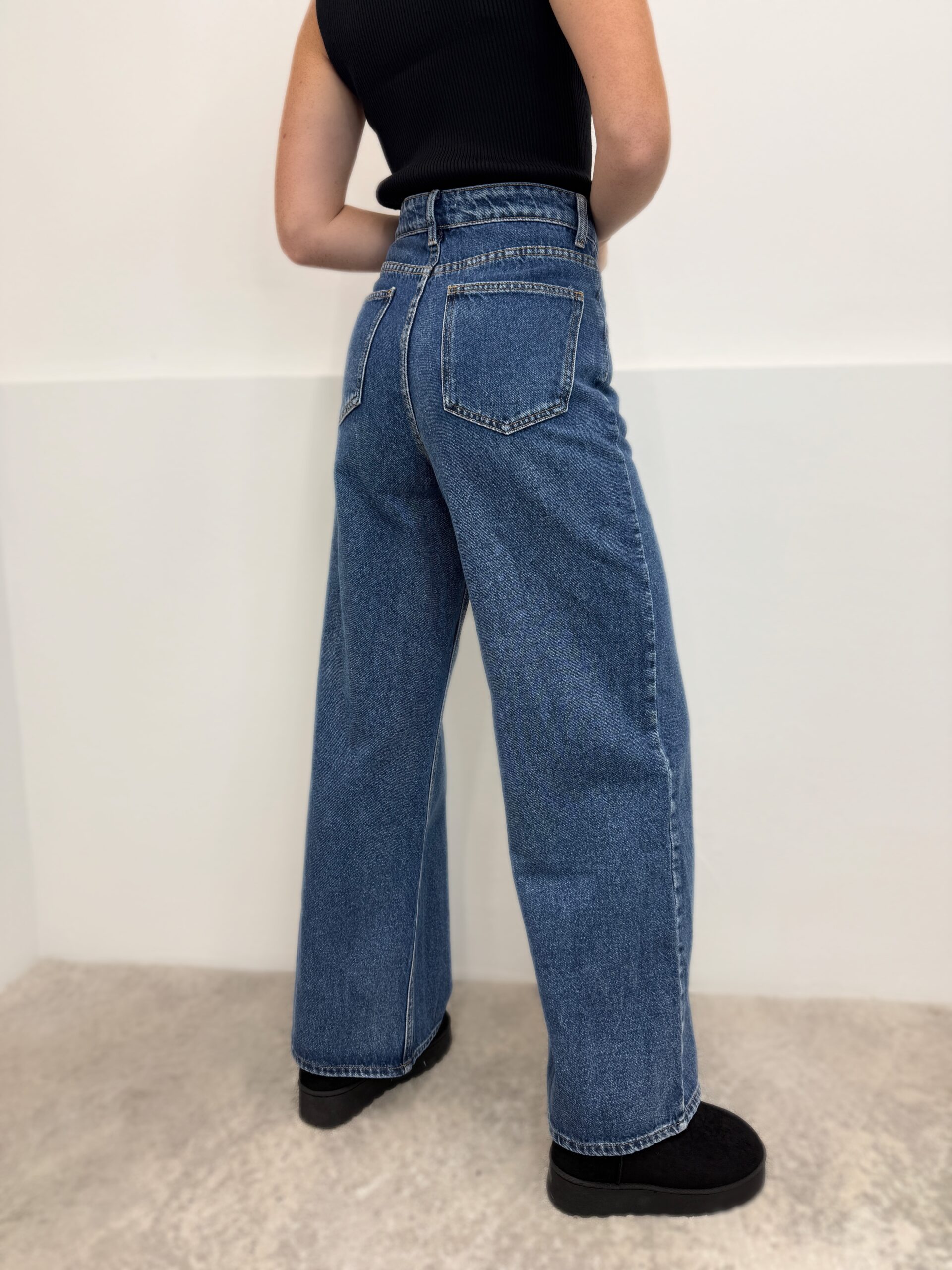Wide leg tamsiai mėlyni džinsai aukštas liemuo - Image 3
