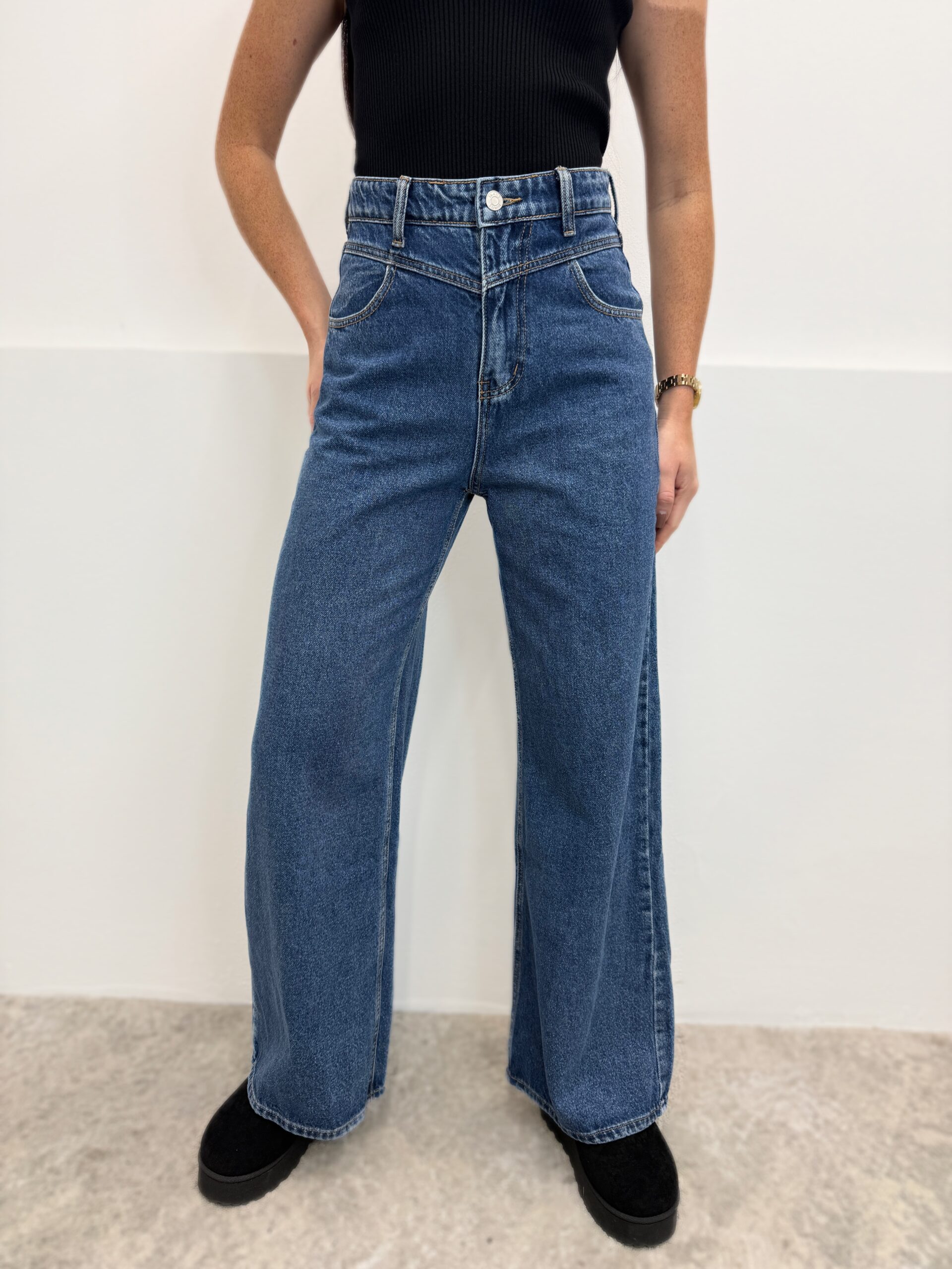Wide leg tamsiai mėlyni džinsai aukštas liemuo - Image 2