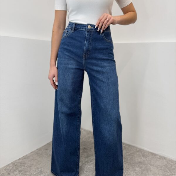 Wide tamprūs mėlyni džinsai aukštas liemuo