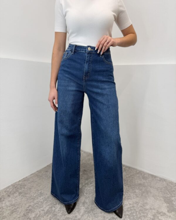 Wide tamprūs mėlyni džinsai aukštas liemuo