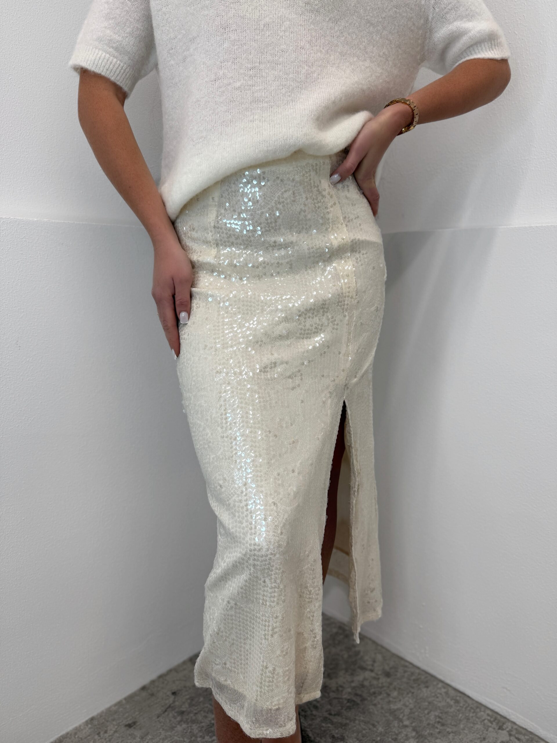 Midi Beige žėrintis sijonas