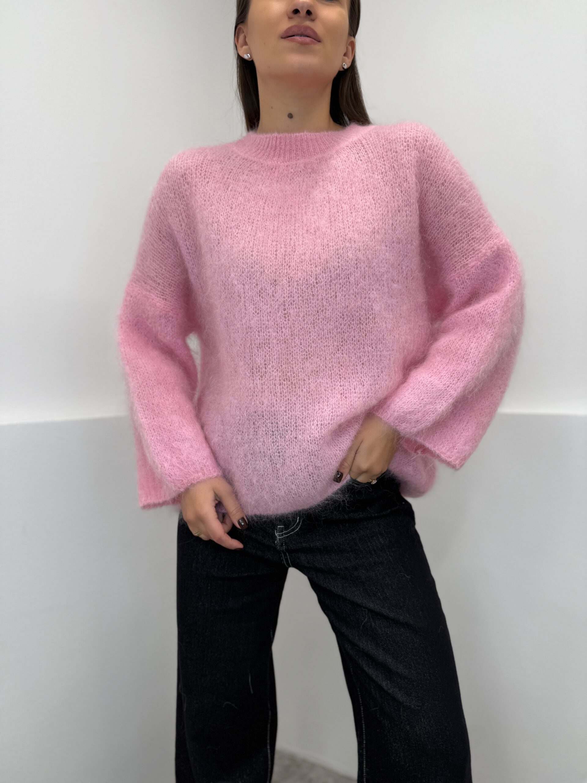 Rožinės spalvos megztinis 80% Kid Mohair