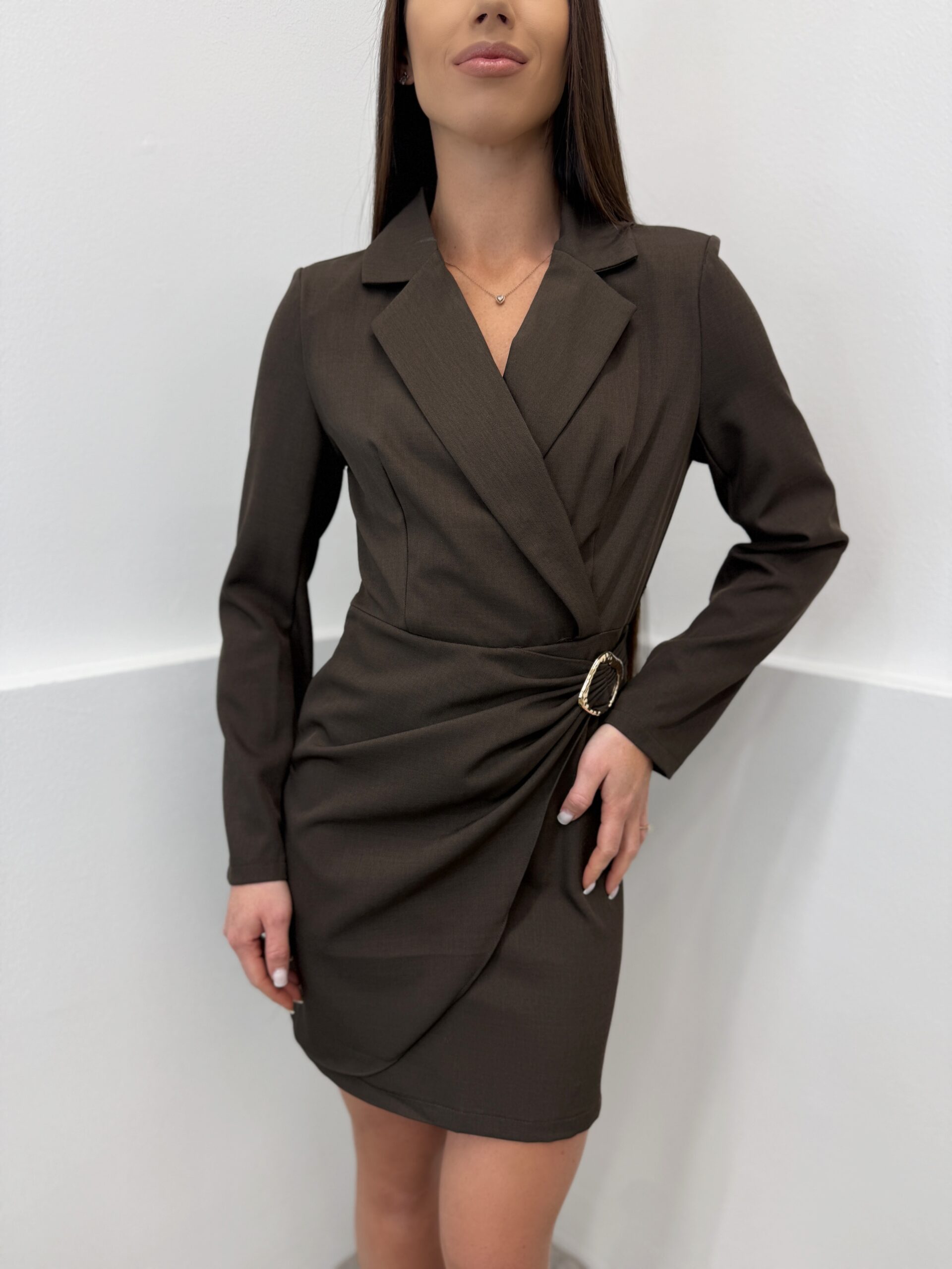 Ruda klasikinė suknele su auksine detale