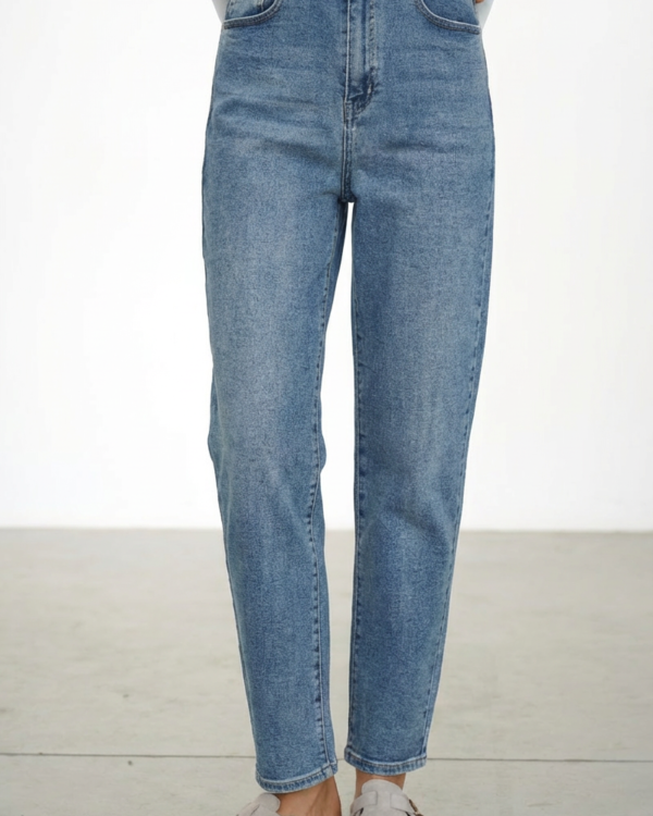 Mom Fit tamprūs mėlyni džinsai aukštas liemuo