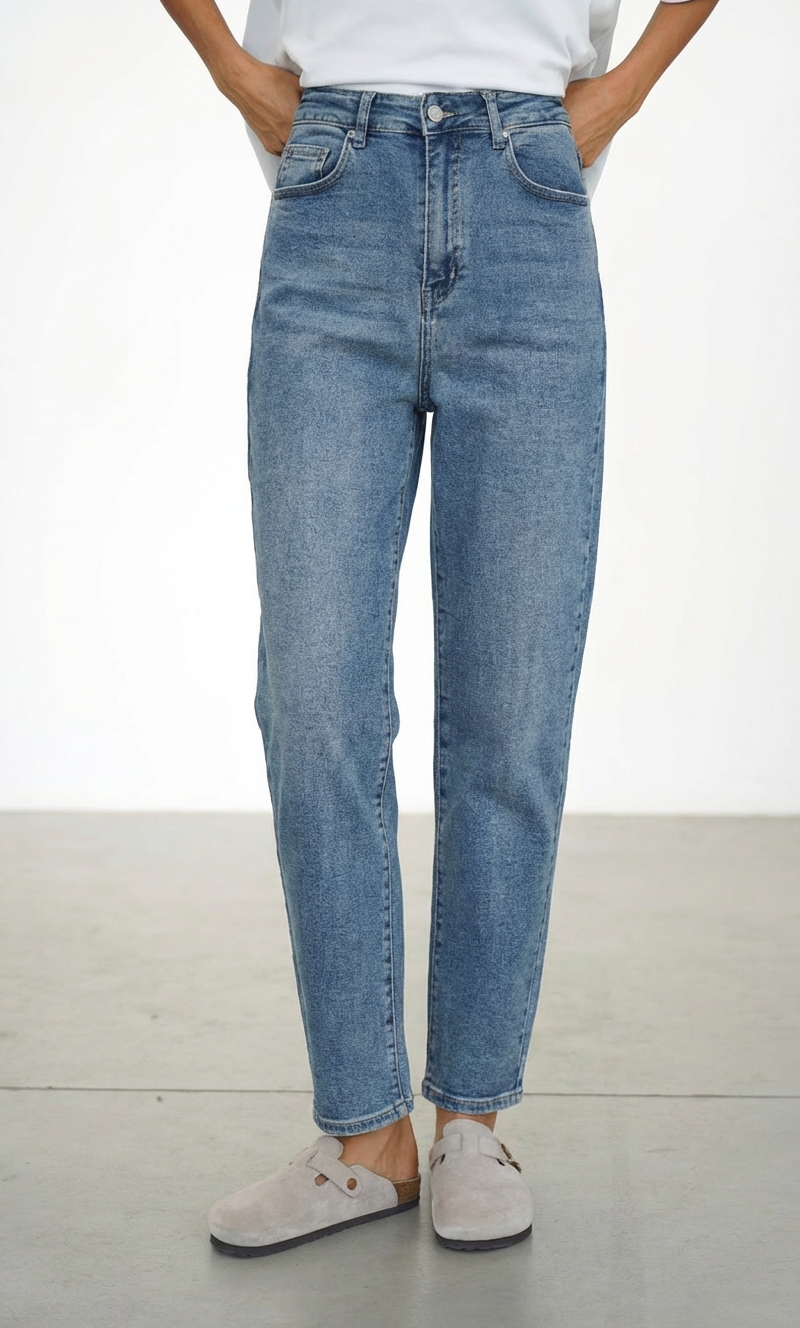 Mom Fit tamprūs mėlyni džinsai aukštas liemuo