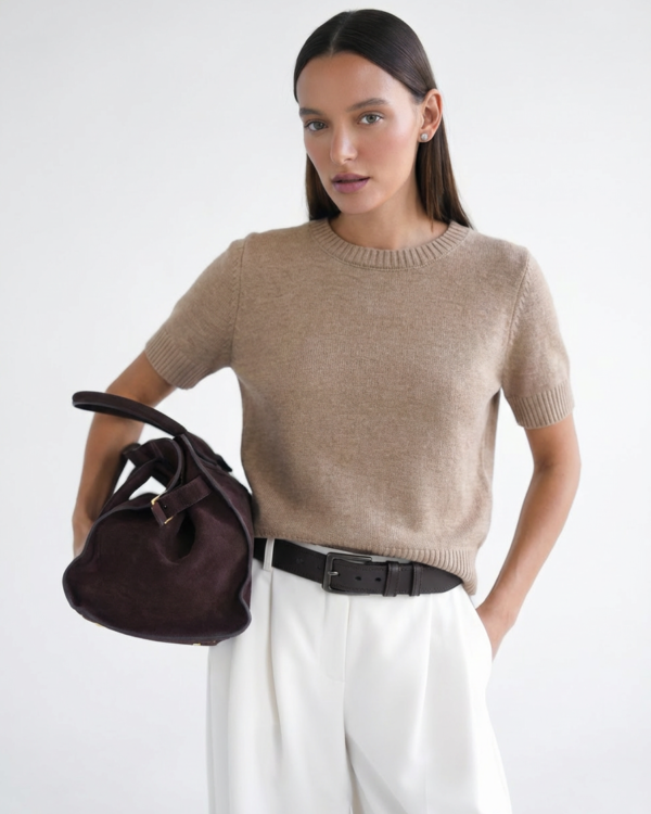 Trumpomis rankovėmis bazinis megztinis Taupe