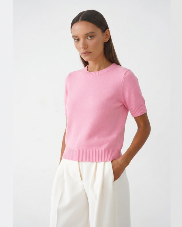 Trumpomis rankovėmis bazinis megztinis Rožinis