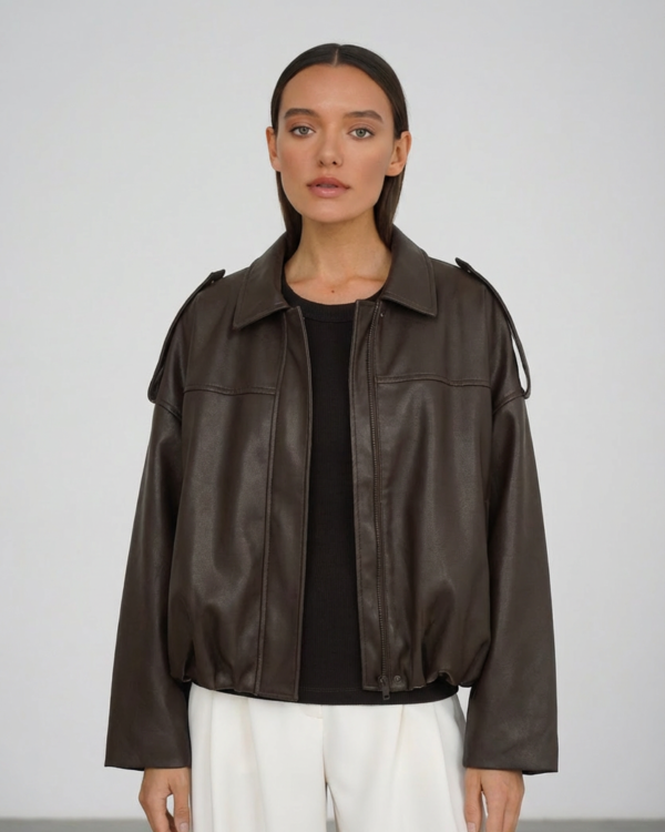 Dirbtinės odos bomber stiliaus ruda striukė